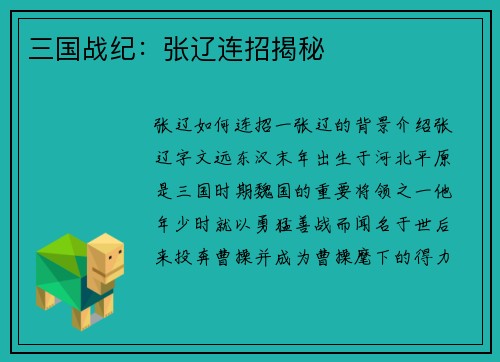 三国战纪：张辽连招揭秘